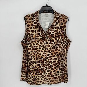 Cato Womens Plus 18/20W Leopard Print Sleeveless Button Down Top Silky New